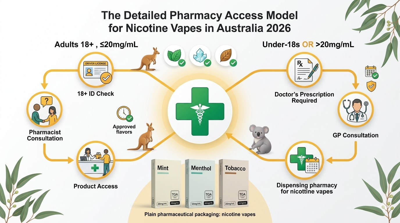 Detailed pharmacy access model for nicotine vapes in Australia 2026 showing two pathways: adults 18+ can purchase ≤20mg/mL after pharmacist consultation without prescription, while under-18s and any person needing >20mg/mL require a doctor's prescription. Flavours limited to mint, menthol, tobacco with plain packaging.