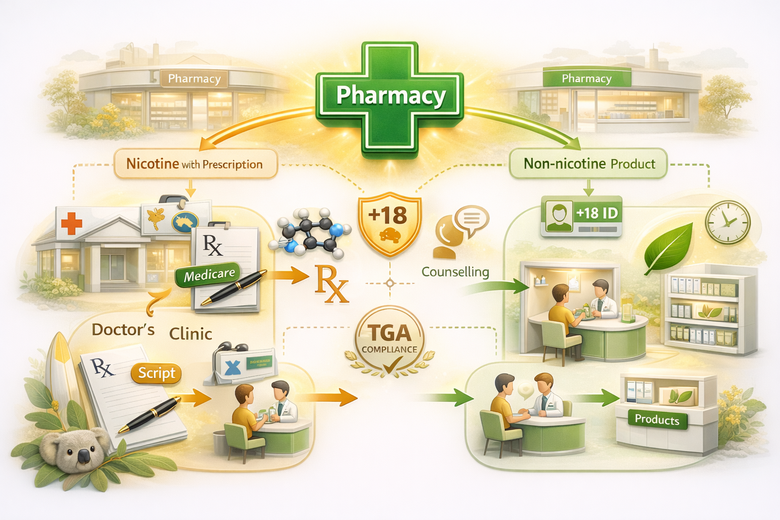 Detailed pharmacy access model showing two pathways: nicotine with prescription and non-nicotine with pharmacist consultation only