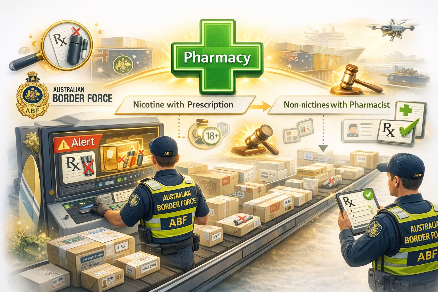 Australian Border Force screening international mail and cargo for illegal vape imports with prescription check illustration