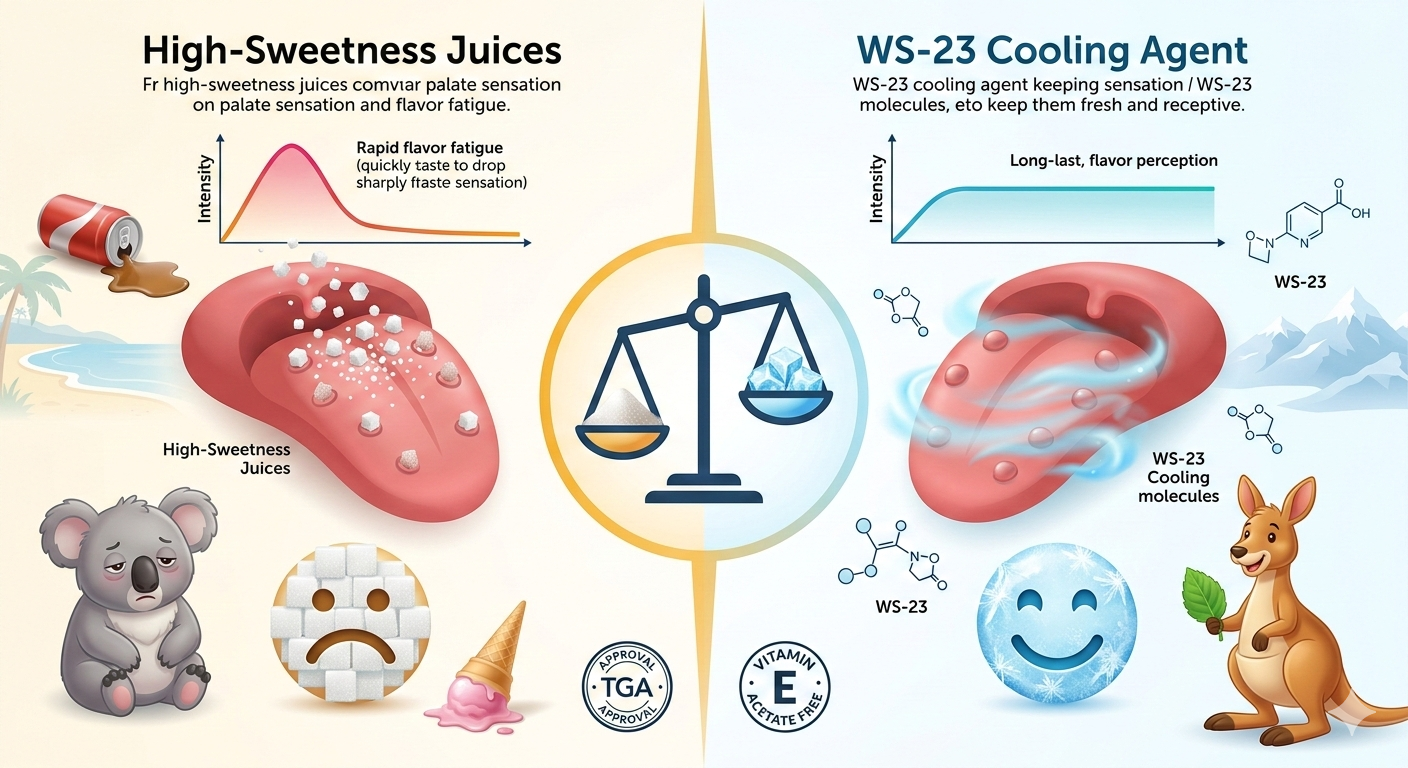 Diagram showing how WS-23 cooling agent affects palate and reduces flavour fatigue compared to high-sweetness juices