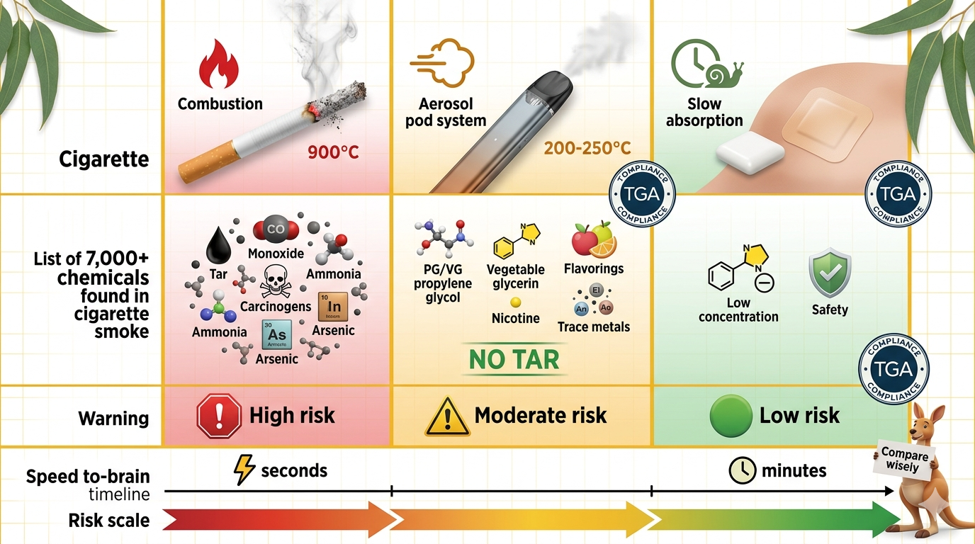 Split comparison of three nicotine delivery systems: cigarette (combustion 900°C, 7,000+ chemicals, tar, CO), vape (aerosol 200-250°C, PG/VG, trace metals, no tar), and NRT (slow absorption, minimal dependence risk). Icons show speed to brain: seconds for cig/vape, minutes for NRT. Risk scale from high (cig) to low (NRT).
