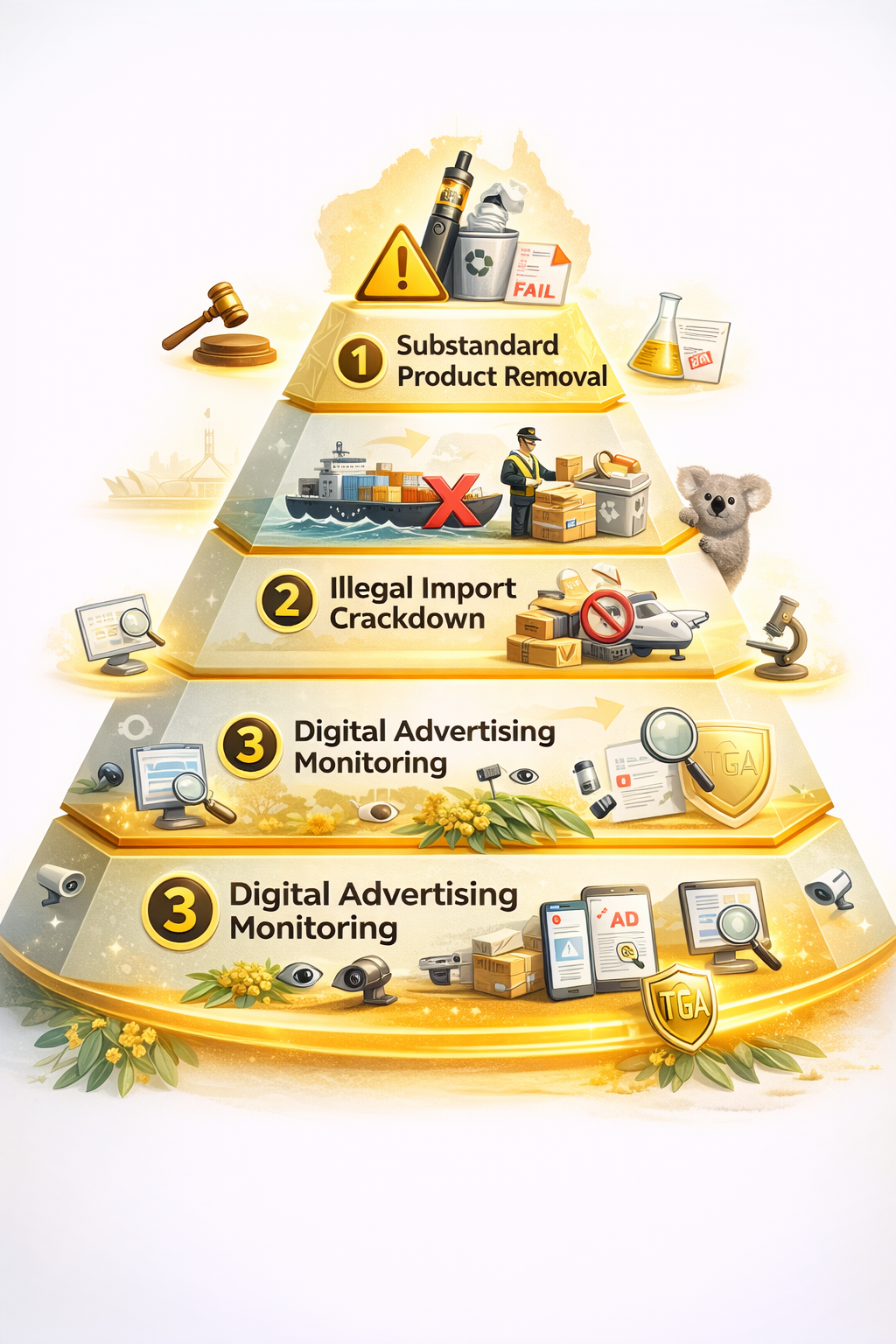 Enforcement pyramid showing TGA 2026 priorities including digital advertising monitoring, illegal import crackdown, and substandard product removal