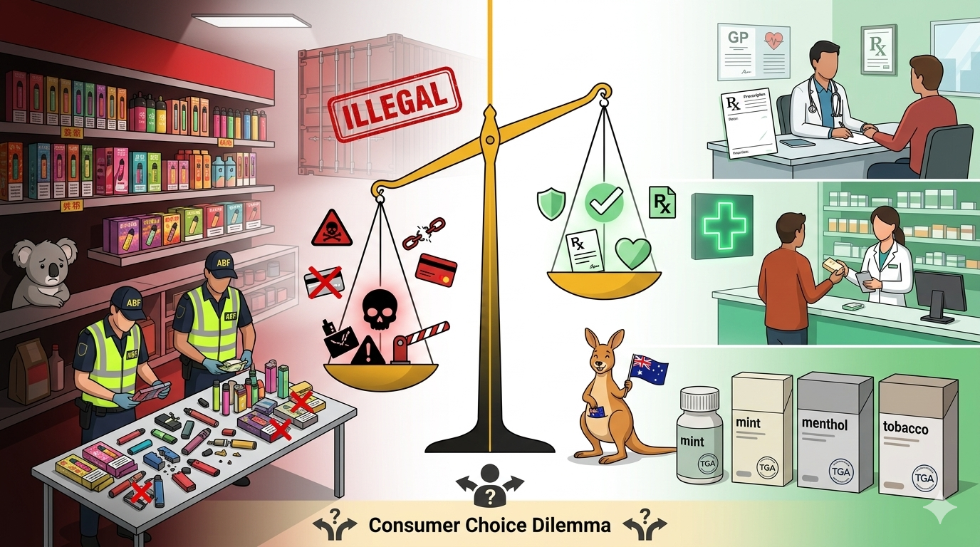 Split illustration comparing the illicit market (convenience store selling unknown-origin vapes, ABF seizure imagery) with the legal pathway (GP consultation, prescription, pharmacy dispensing, TGA-approved products with plain packaging and mint/menthol/tobacco flavours). Highlights enforcement gap and consumer choice.