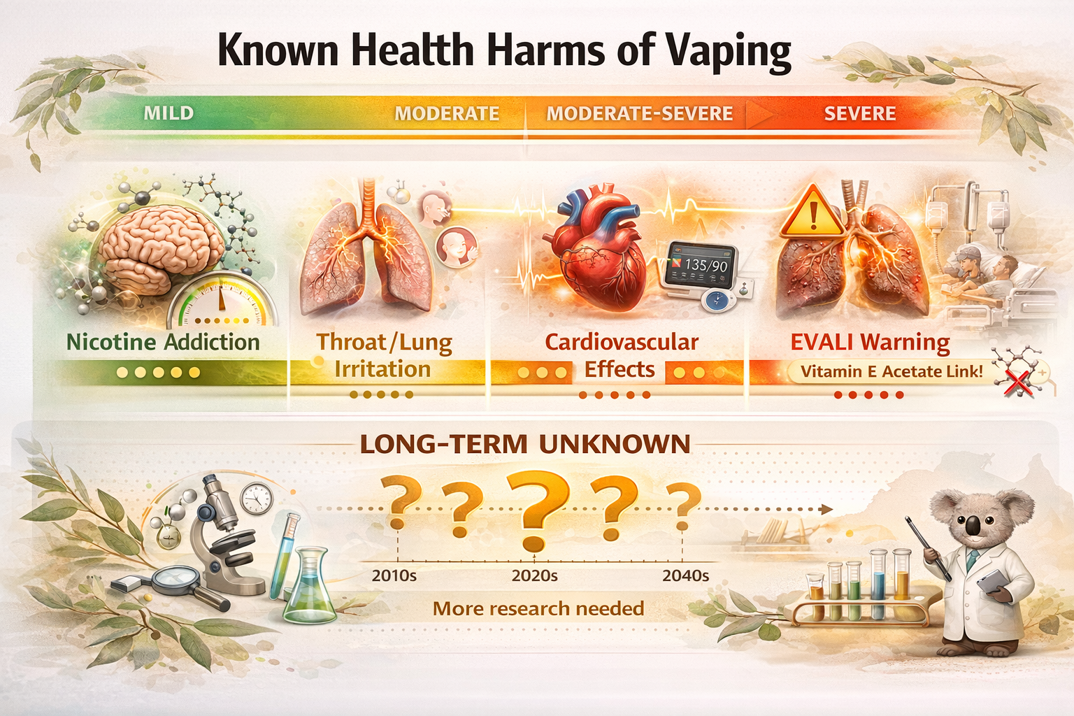 Infographic detailing known health harms of vaping: nicotine addiction (brain icon), throat/lung irritation (respiratory icon), cardiovascular effects (heart icon), and EVALI warning with note about vitamin E acetate link. Harm scale from mild to severe.