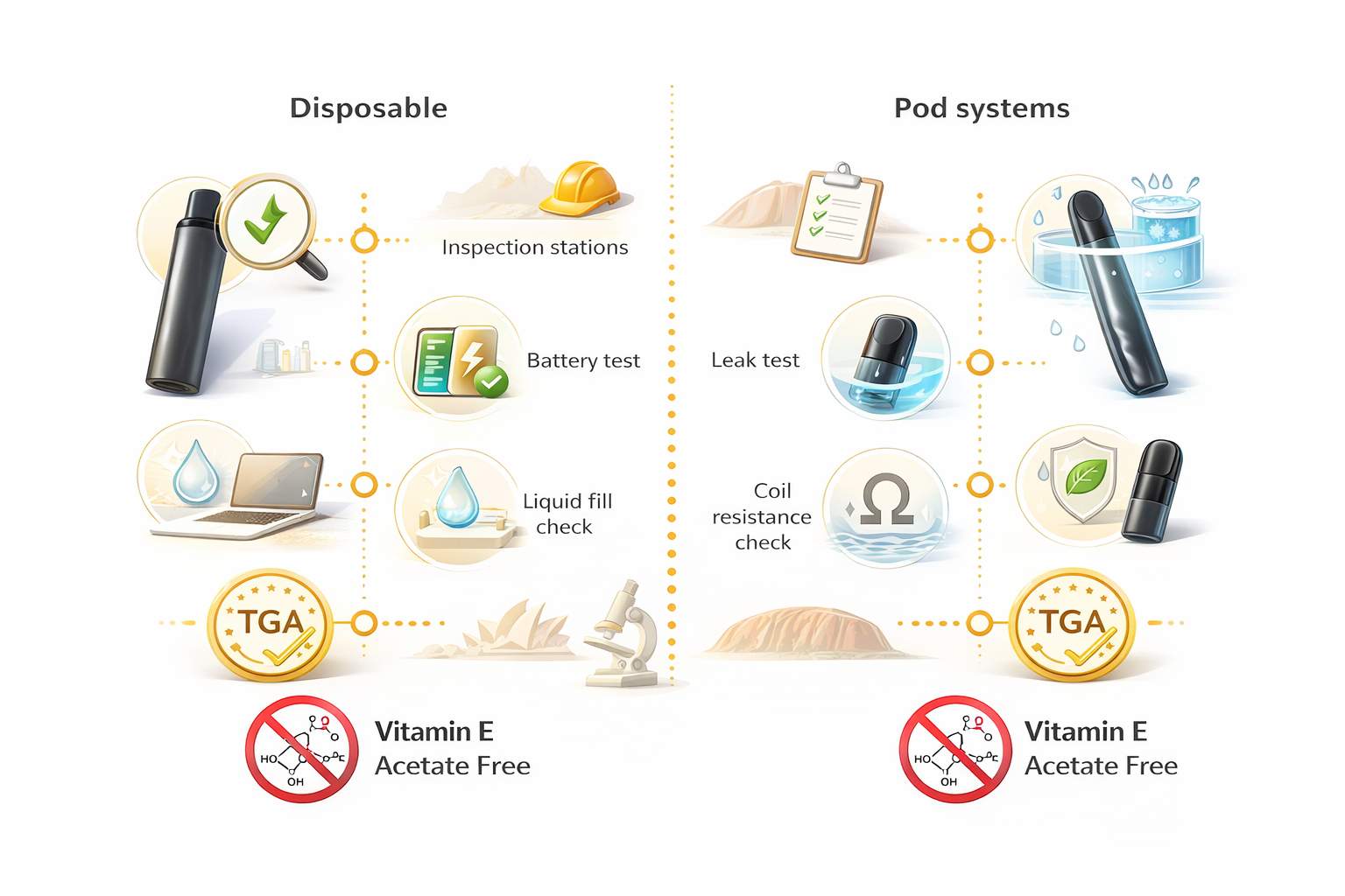 Diagram showing quality control checks for disposable vs pod systems, TGA compliance, vitamin E acetate warning