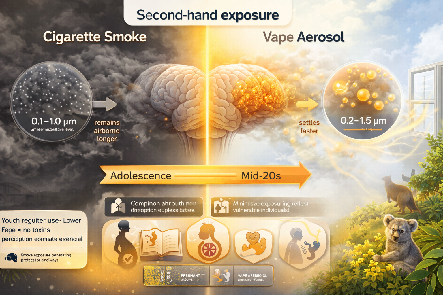 Split comparison showing cigarette smoke lingering indoors with dense cloud, versus vape aerosol dispersing more quickly. Particle size diagram shows larger droplets settling faster. Icons for vulnerable groups: pregnant woman, child, asthma symbol. Ventilation arrow shows open window.