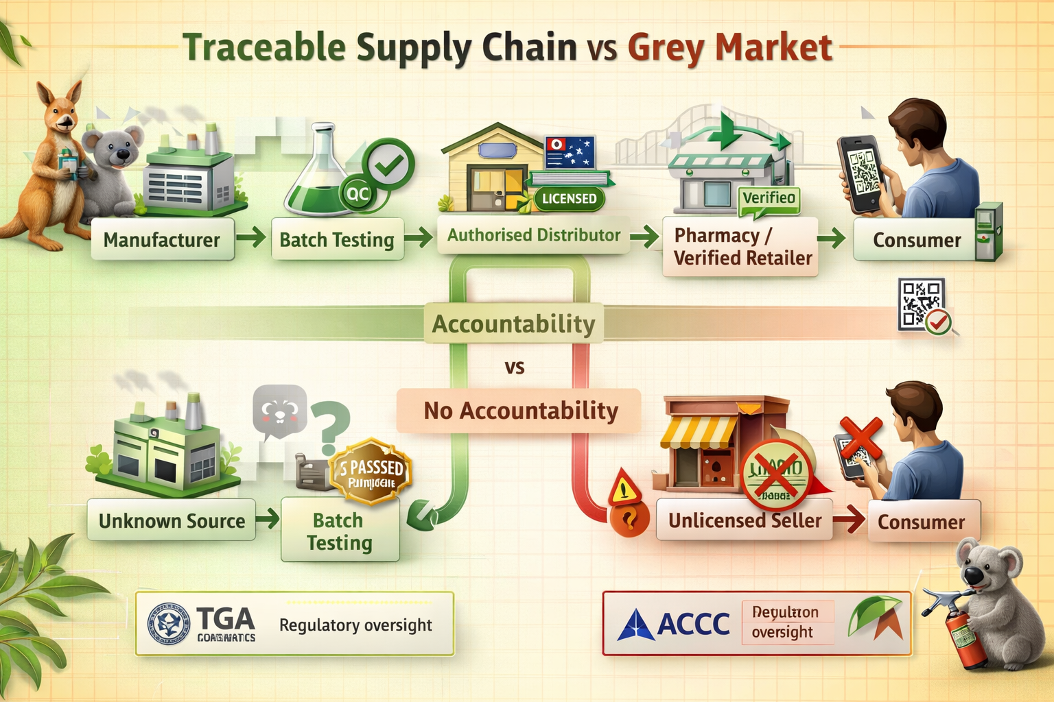 Infographic showing traceable supply chain: manufacturer batch testing → authorised distributor → pharmacy/verified retailer → consumer with verification step. Contrasted with grey market: unknown source → unlicensed seller → consumer (no verification, no accountability).