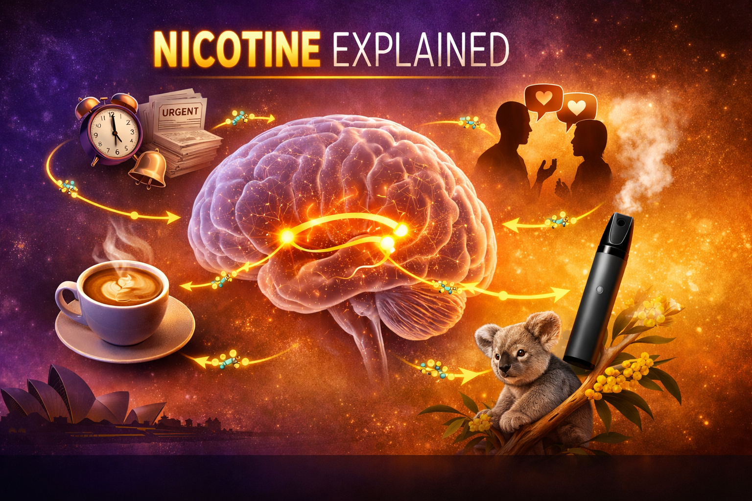 Nicotine explained banner showing a stylised brain with dopamine pathway highlighted, surrounded by symbols of daily life: coffee cup, office stress, social connection, and a vape device, illustrating the complex interplay of neurochemistry and real-world use.