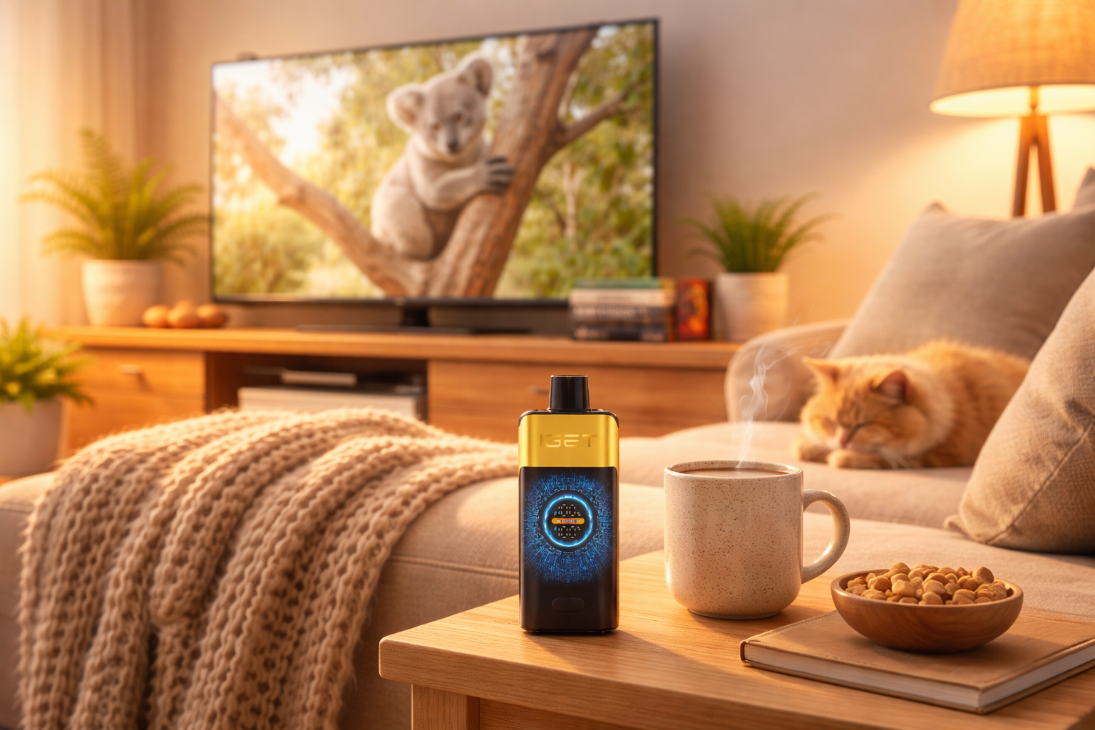 Cozy home setting with couch and TV, iGET One device on side table showing LED display