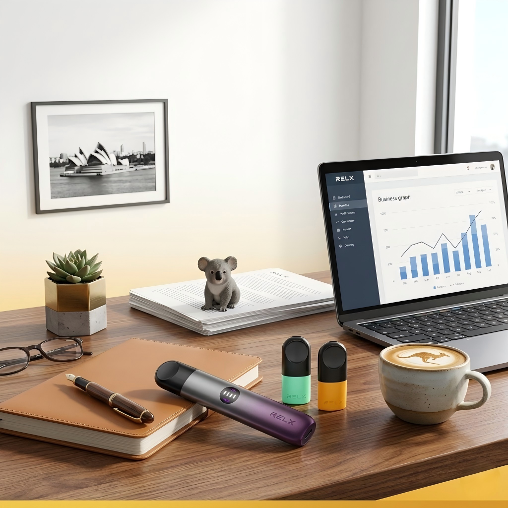 Office desk scene with RELX device and pods, showing discreet vaping setup