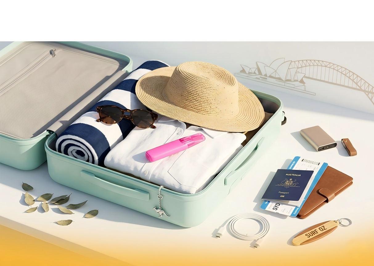 Travel suitcase and passport with SnowPlus Dash device, showing compact size for travel