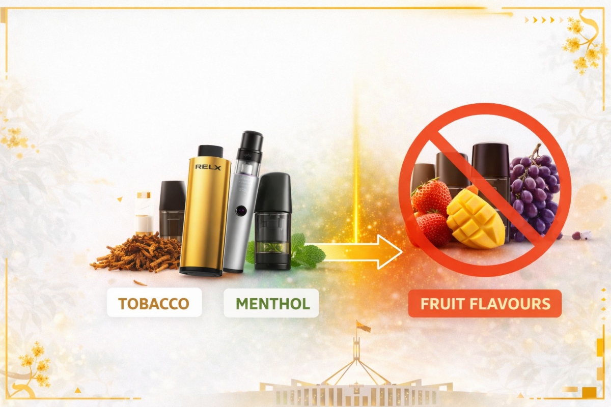 Australia vape flavour restrictions banner showing tobacco and menthol products on one side and crossed-out fruit flavours on gold Australian background