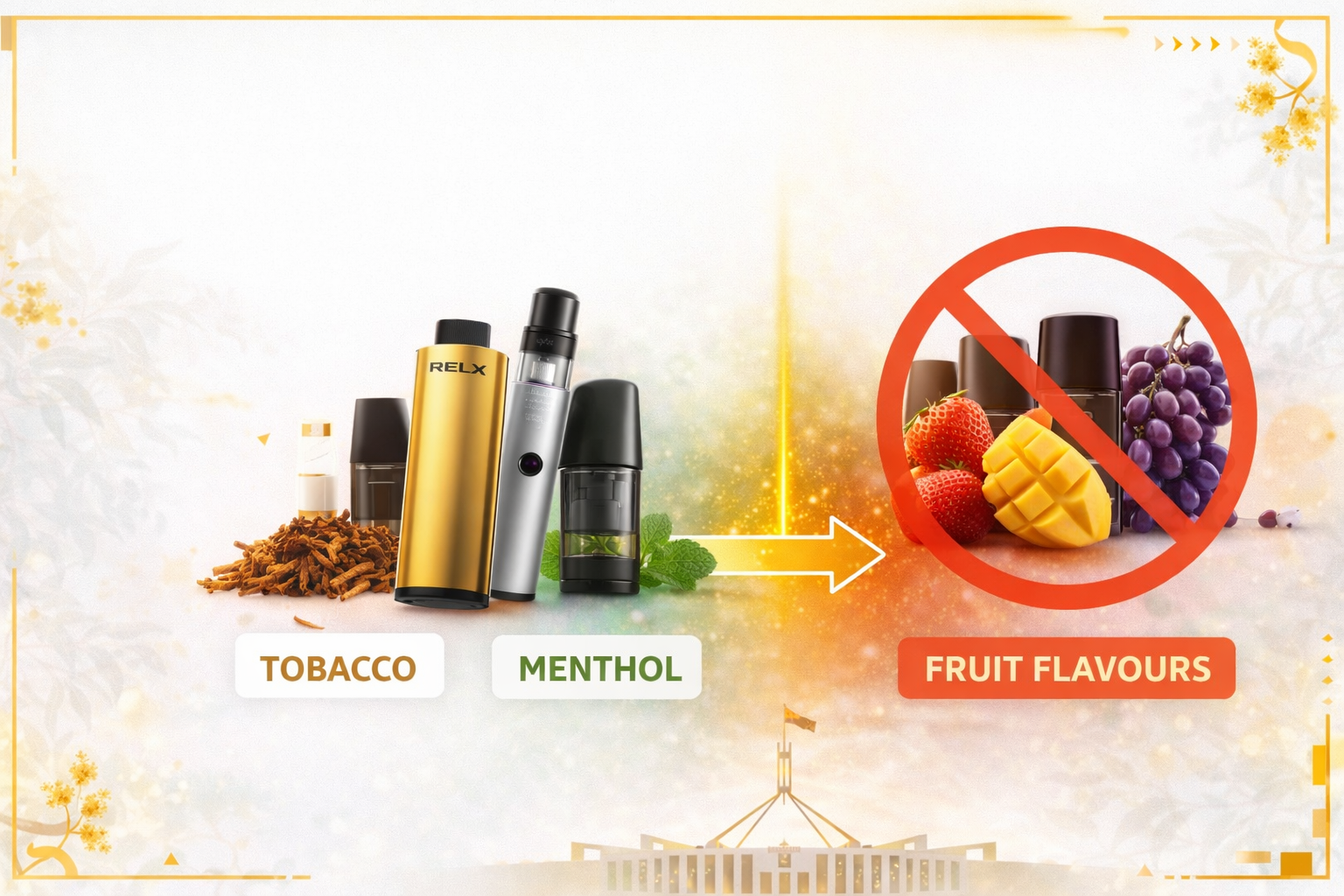 Australia vape flavour restrictions banner showing tobacco and menthol products on one side and crossed-out fruit flavours on gold Australian background