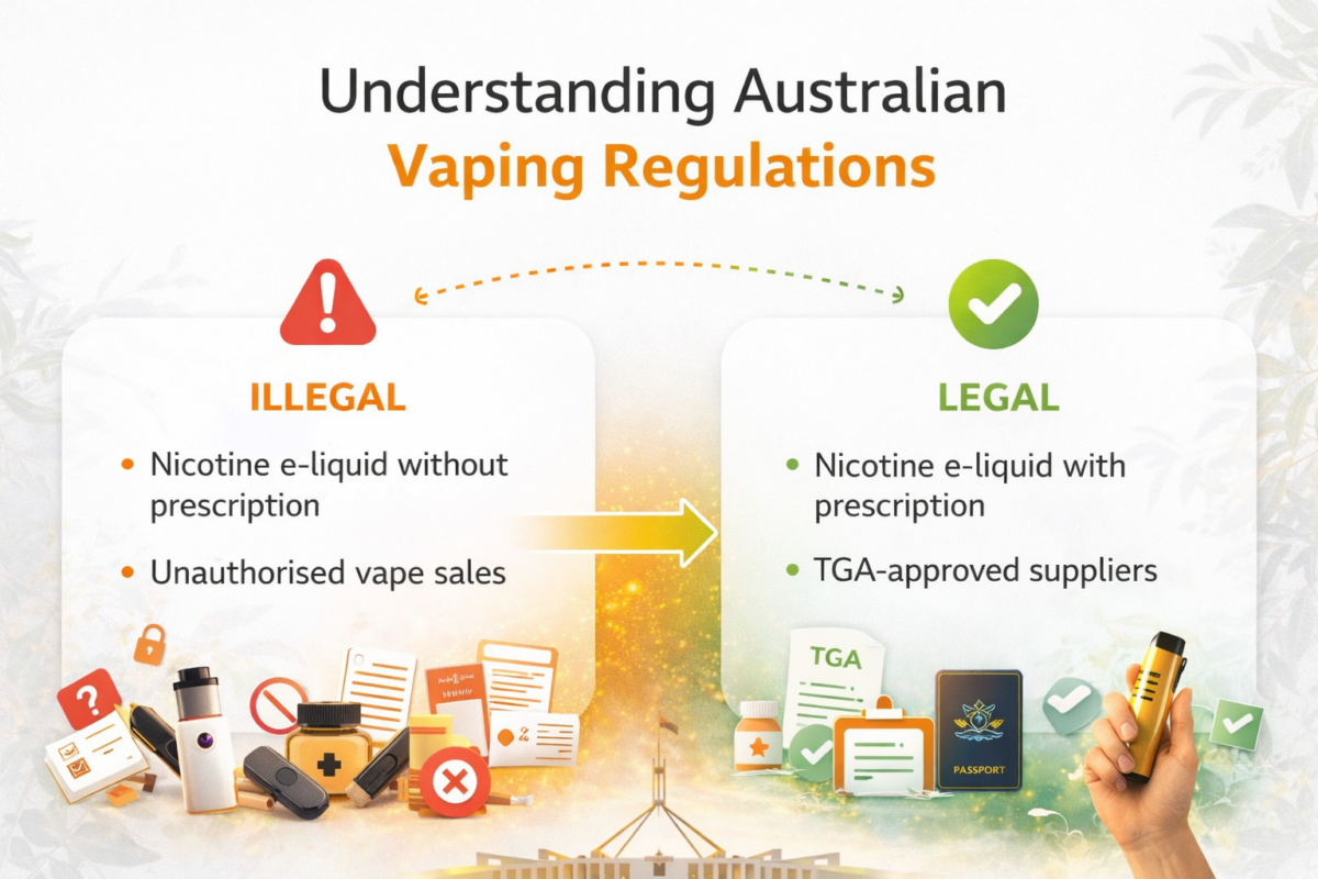 Banner showing journey from confusion to clarity about Australia's 2026 vape laws, with legal compliance and prescription model explained