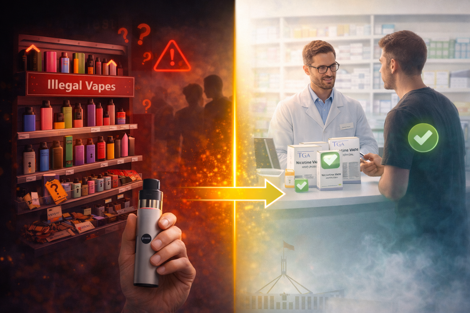 Banner showing contrast between illegal vape sales in retail stores versus legal pharmacy-only access under Australia vape laws 2026
