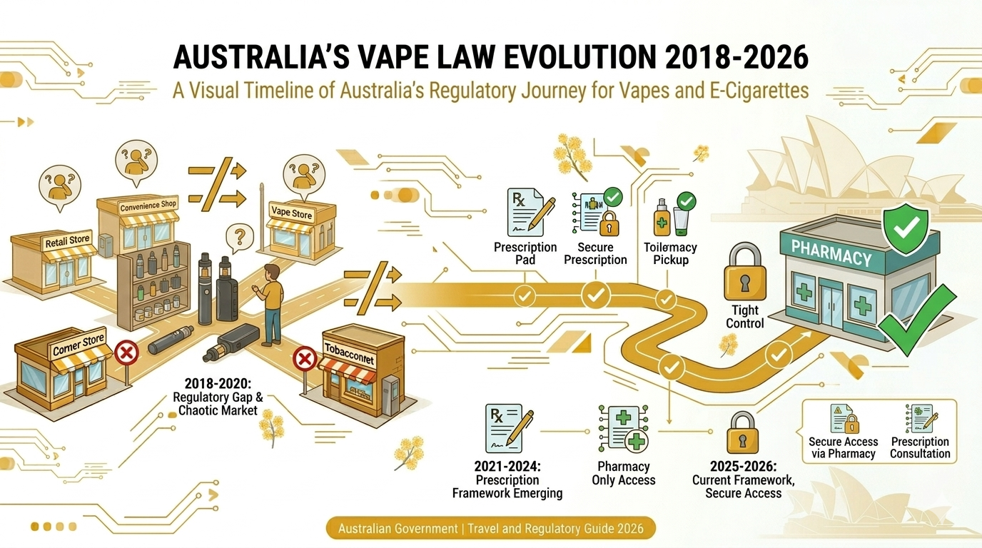 Banner showing Australia vape laws evolution timeline from 2018 chaotic market to 2026 pharmacy-only framework with #F3B433 pathway