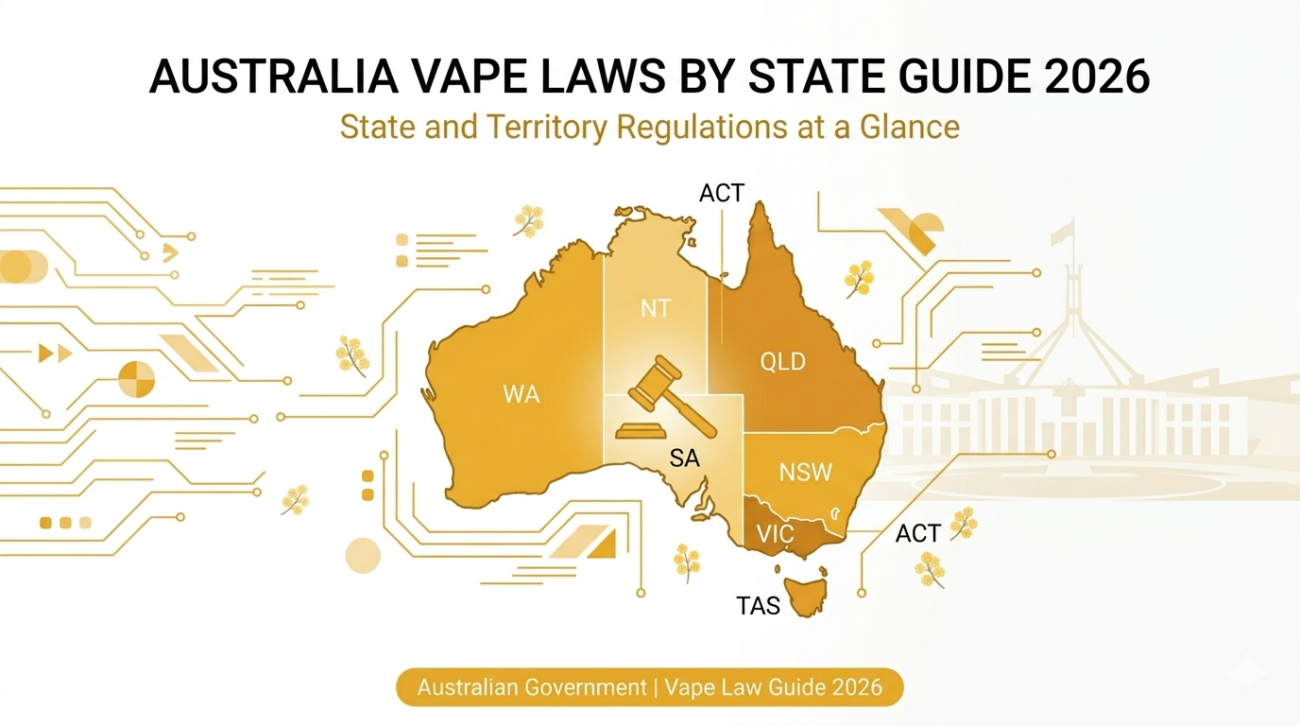 Australia vape laws by state banner showing map of Australia with NSW VIC QLD WA SA TAS ACT NT highlighted in gold on white background with legal gavel icon