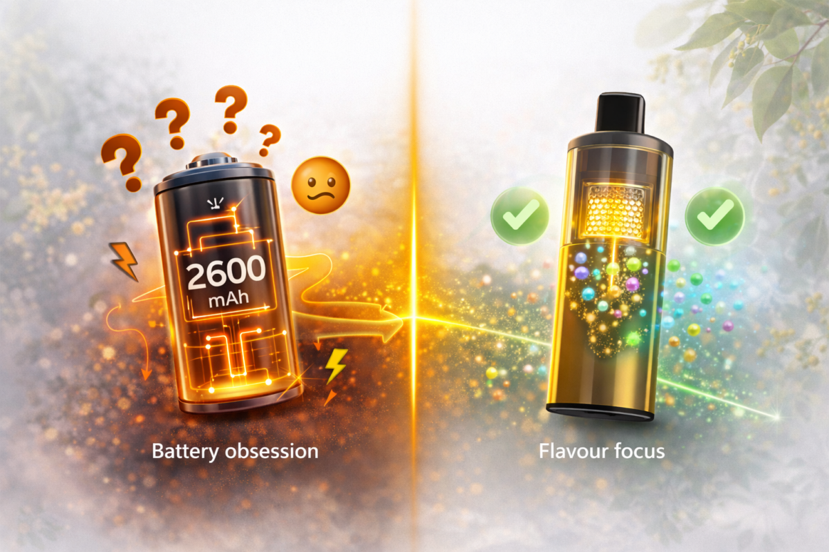 Banner comparing large battery obsession versus actual flavour delivery, showing how balanced design matters more for vape taste satisfaction
