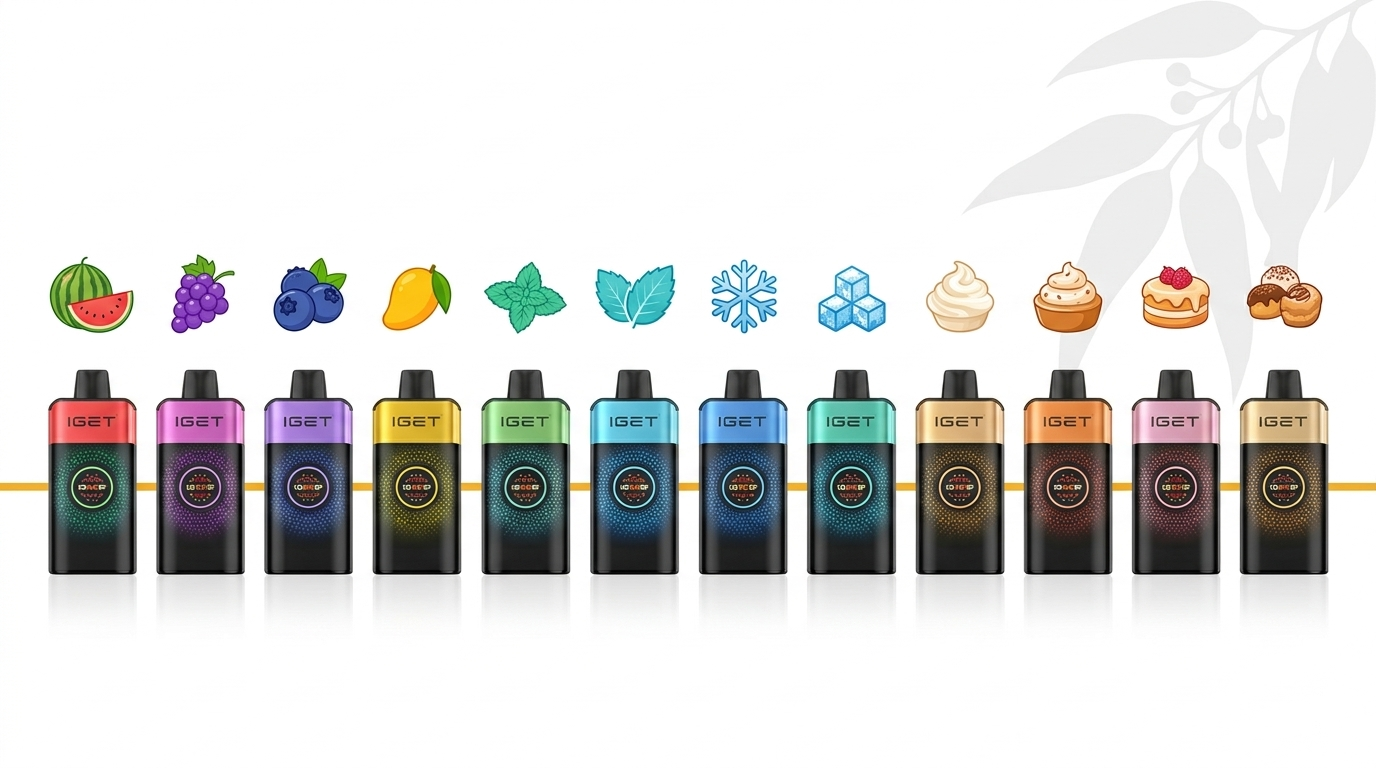 Banner showing IGET One flavours spectrum from fruit to mint to dessert profiles for IGET One flavours guide