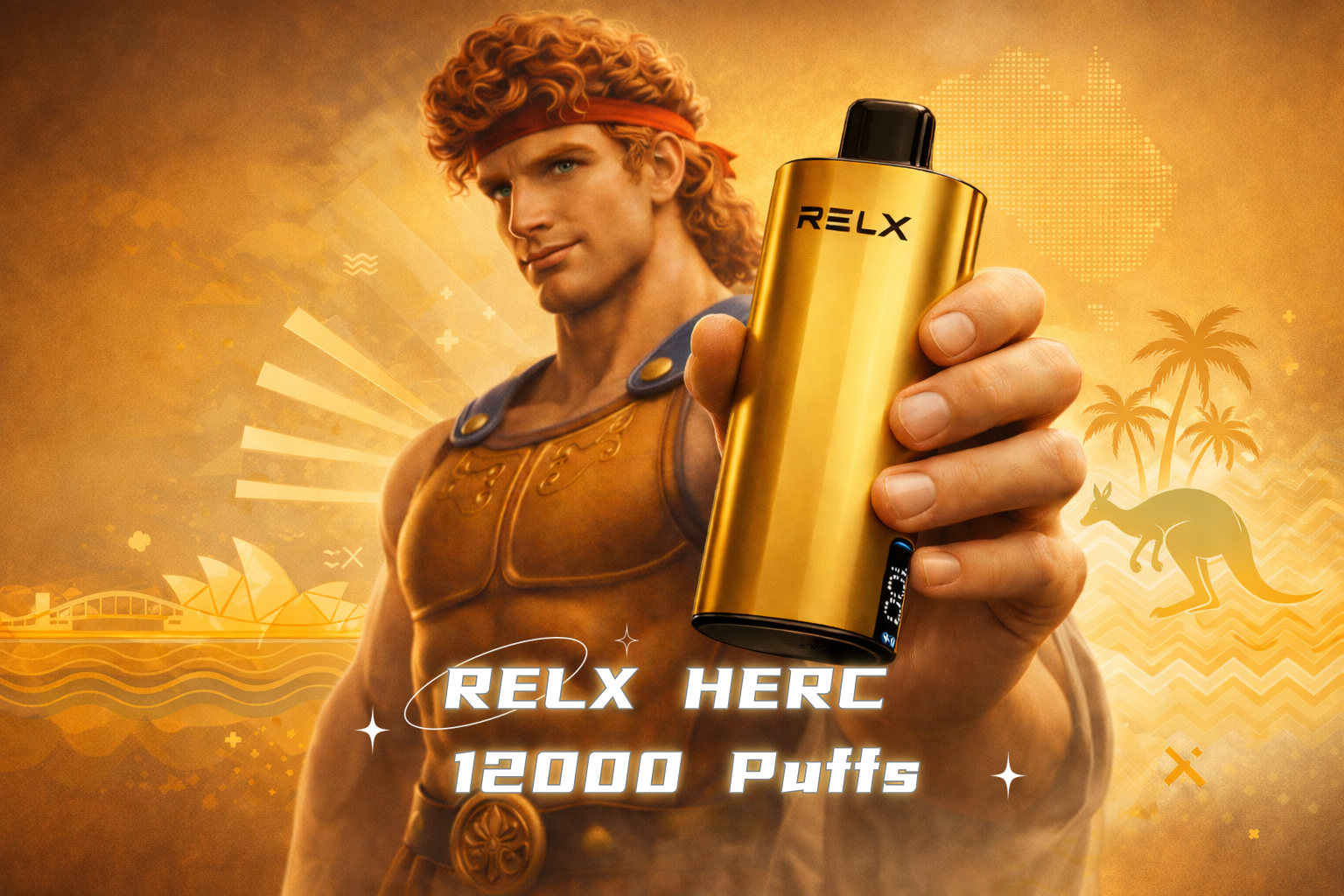 Banner for RELX HERC 12000 review showing device with key features: 12000 puffs, 2600mAh battery, smart display, and auto-tuned power technology