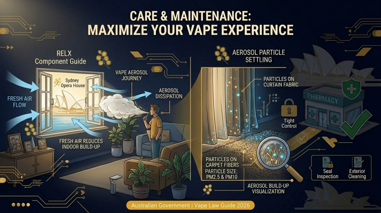 Banner showing second-hand vape aerosol dispersion indoors with ventilation and surface settling visualization for indoor vape risks guide