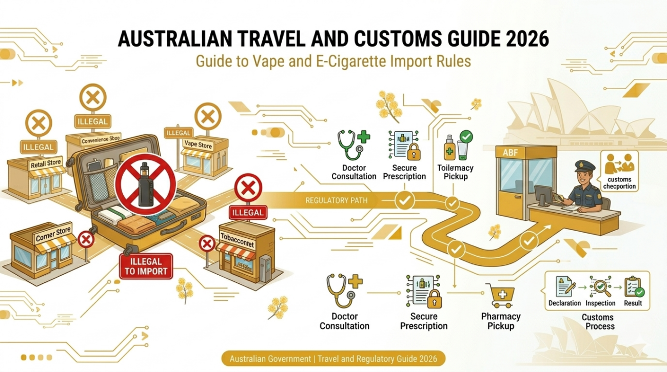 Can tourists bring vapes into Australia banner showing suitcase with vape crossed out and Australian customs checkpoint on gold background