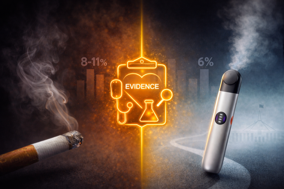 Banner showing evidence-based comparison of vaping vs smoking cessation with Cochrane Review data and medical symbols for can vaping help you quit smoking guide