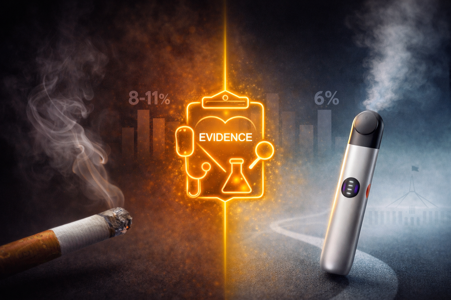 Banner showing evidence-based comparison of vaping vs smoking cessation with Cochrane Review data and medical symbols for can vaping help you quit smoking guide