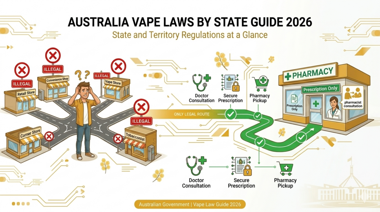 Banner showing the only legal pathway to buy vapes in Australia 2026: pharmacies with prescription, with all retail options marked illegal