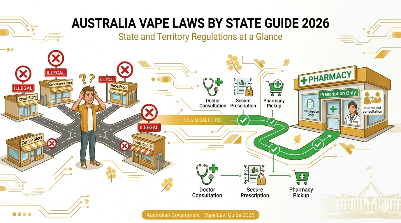 Banner showing the only legal pathway to buy vapes in Australia 2026: pharmacies with prescription, with all retail options marked illegal