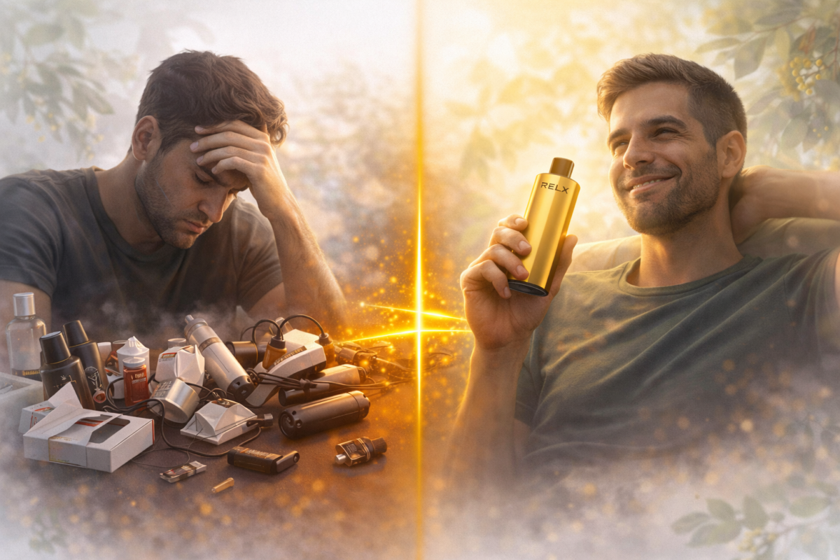 Banner showing visual journey from cluttered pod system maintenance to simple disposable convenience, illustrating why vapers switch back to disposables