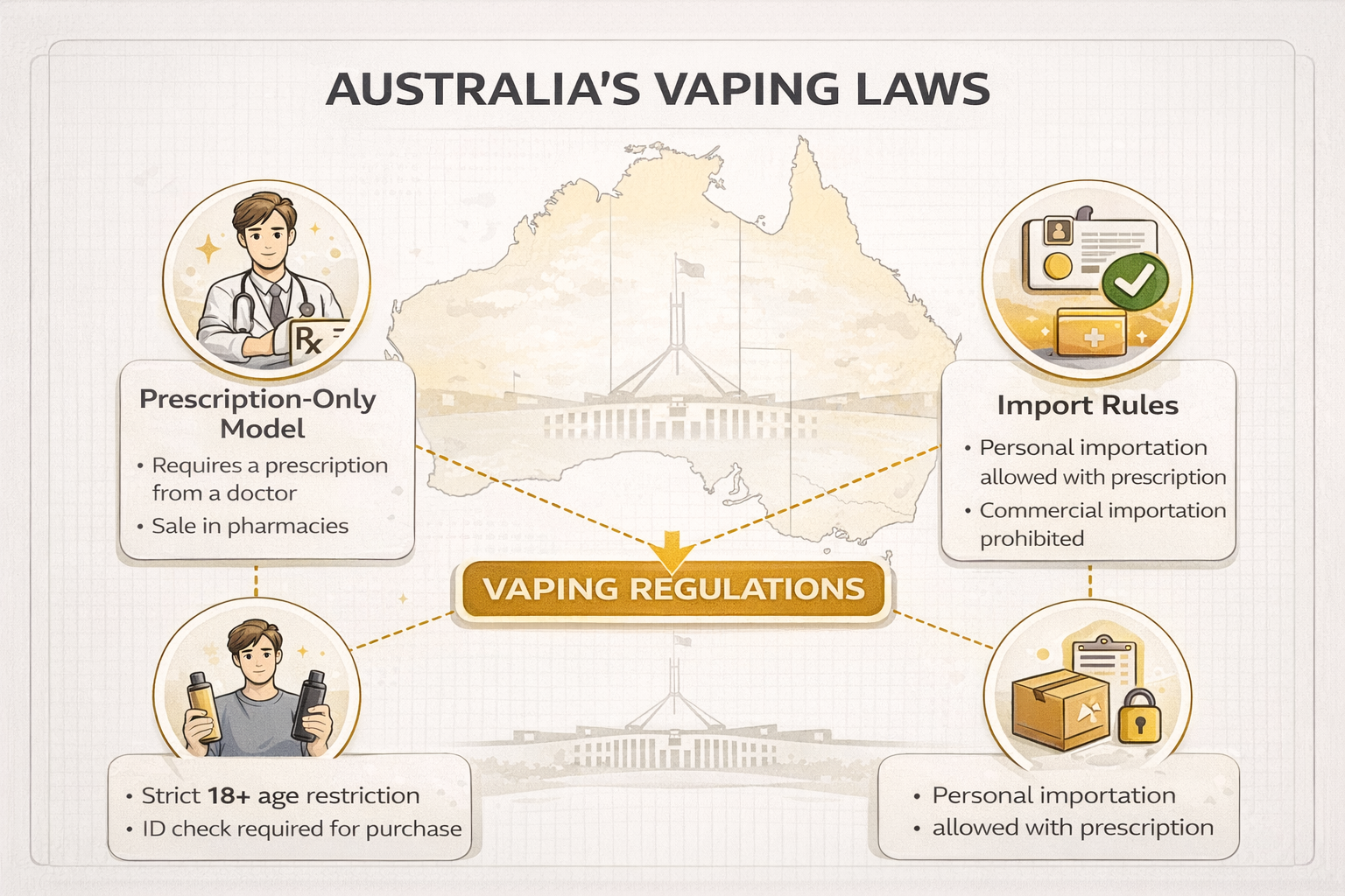 Australia's vape laws 2026 overview infographic showing prescription-only model, 18+ age limit, and personal import rules with TGA regulation