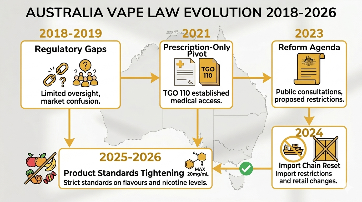 Five-stage timeline infographic showing Australia vape laws evolution from 2018 regulatory gaps through 2026 pharmacy-only framework with TGA reforms history