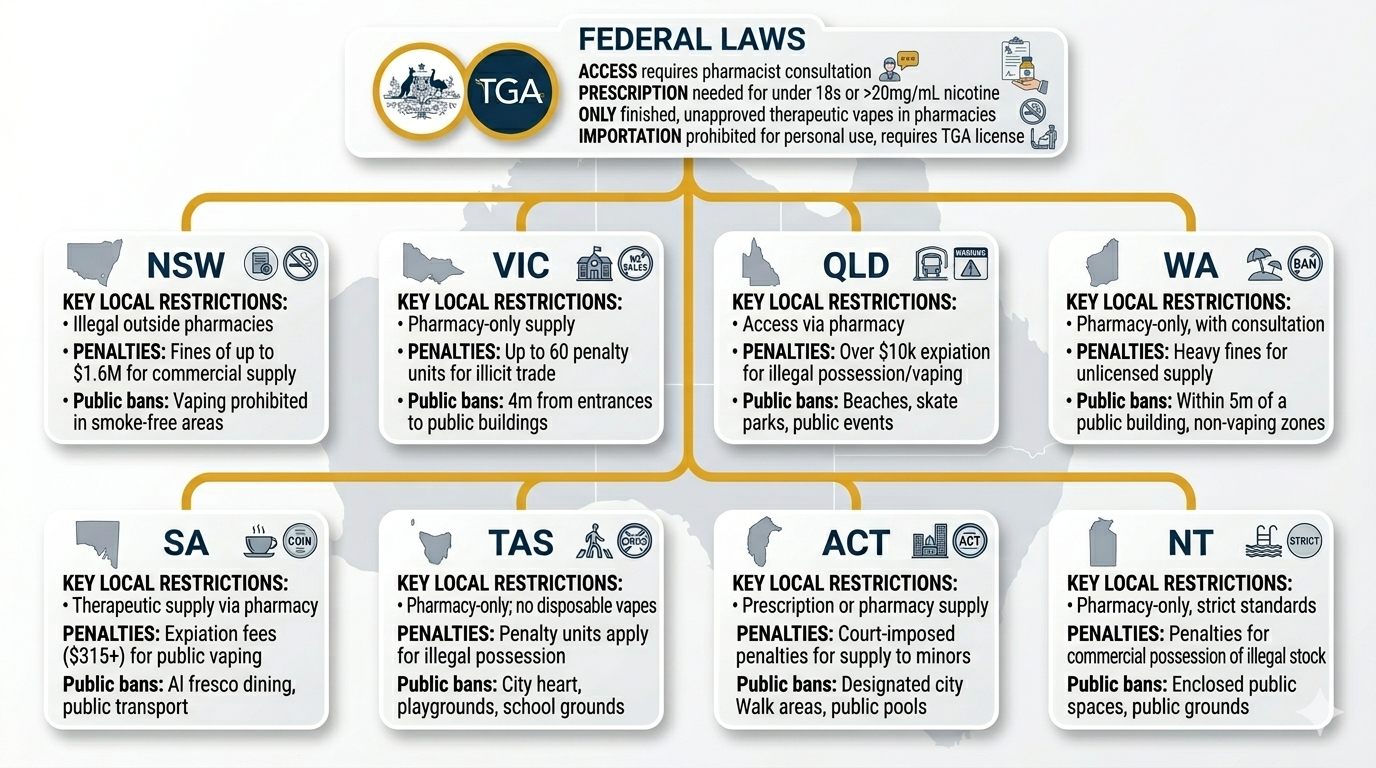 Federal vs state vape laws Australia diagram showing TGA national framework at top with state-specific restrictions for NSW VIC QLD WA SA TAS ACT NT branching below