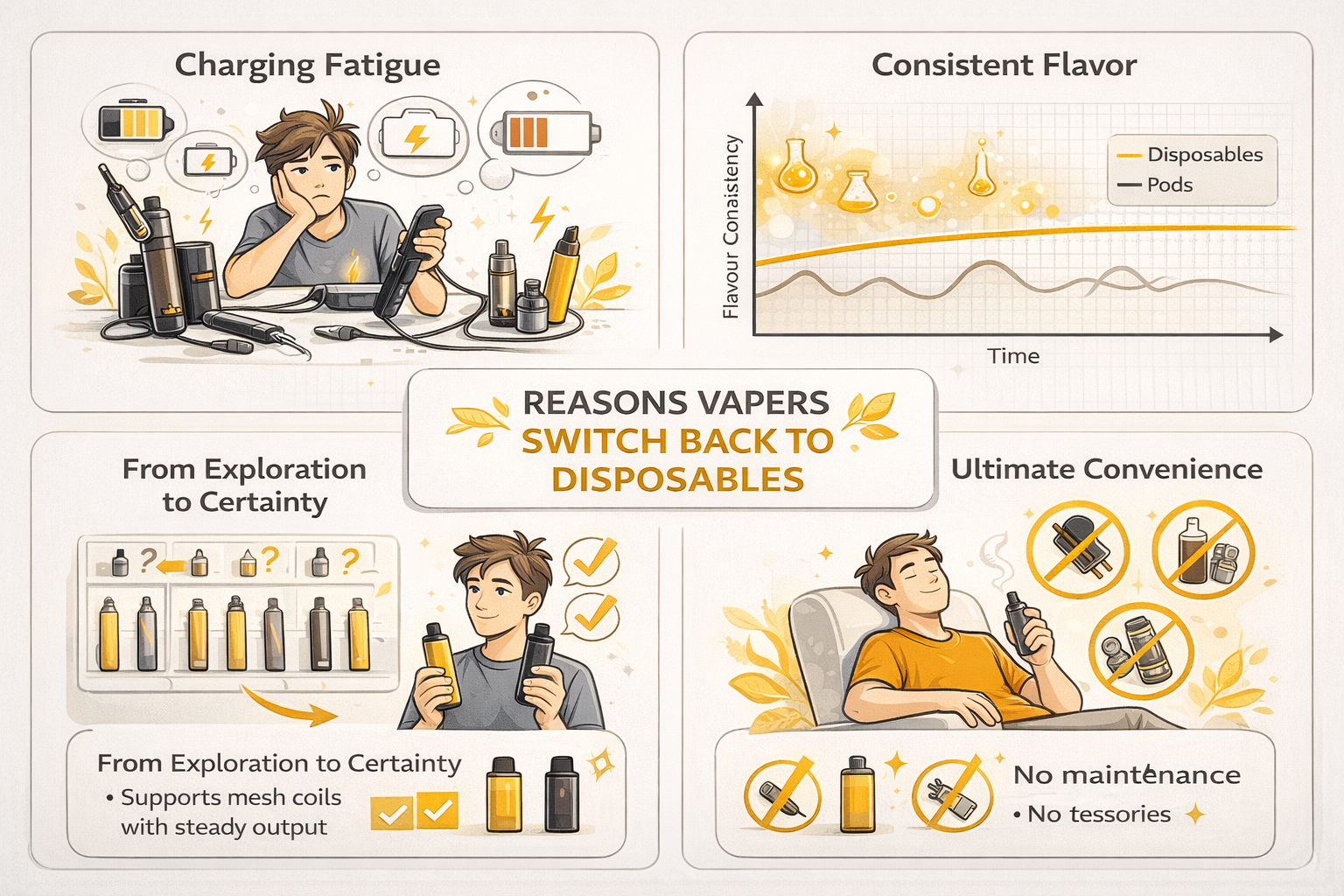 Infographic showing four key reasons vapers switch back to disposables: charging fatigue, consistent flavor, flavor certainty, and ultimate convenience