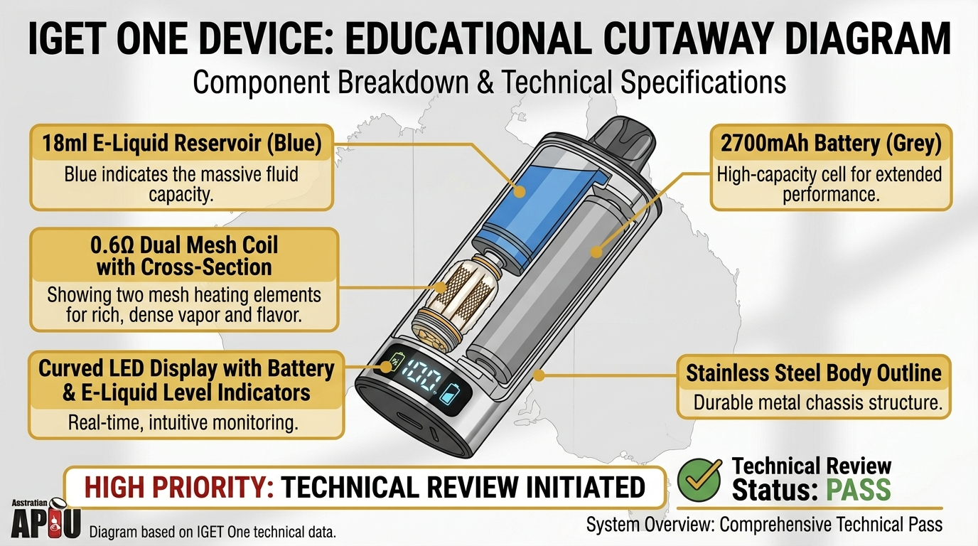 Technical cutaway diagram showing IGET One components: 18ml e-liquid, 2700mAh battery, 0.6Ω dual mesh coil, and curved LED display for IGET One 12000 Puffs guide