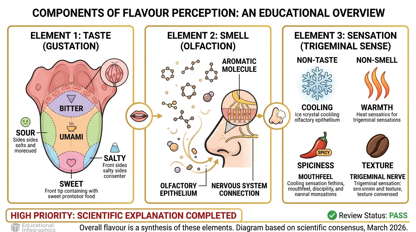 Infographic showing three elements of flavour perception for IGET One flavours guide: taste, smell, and cooling sensation