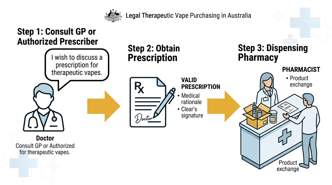 Three-step infographic showing how to buy vapes legally in Australia 2026: consult GP, obtain prescription, purchase at pharmacy