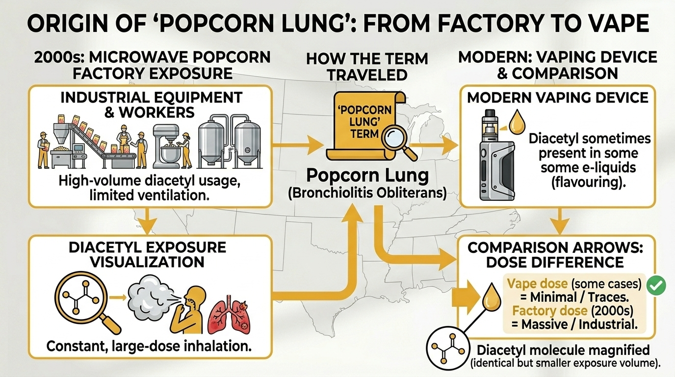 Timeline illustration showing popcorn lung origin from factory workers to vaping concerns, highlighting diacetyl exposure dose comparison for vaping lung risks education