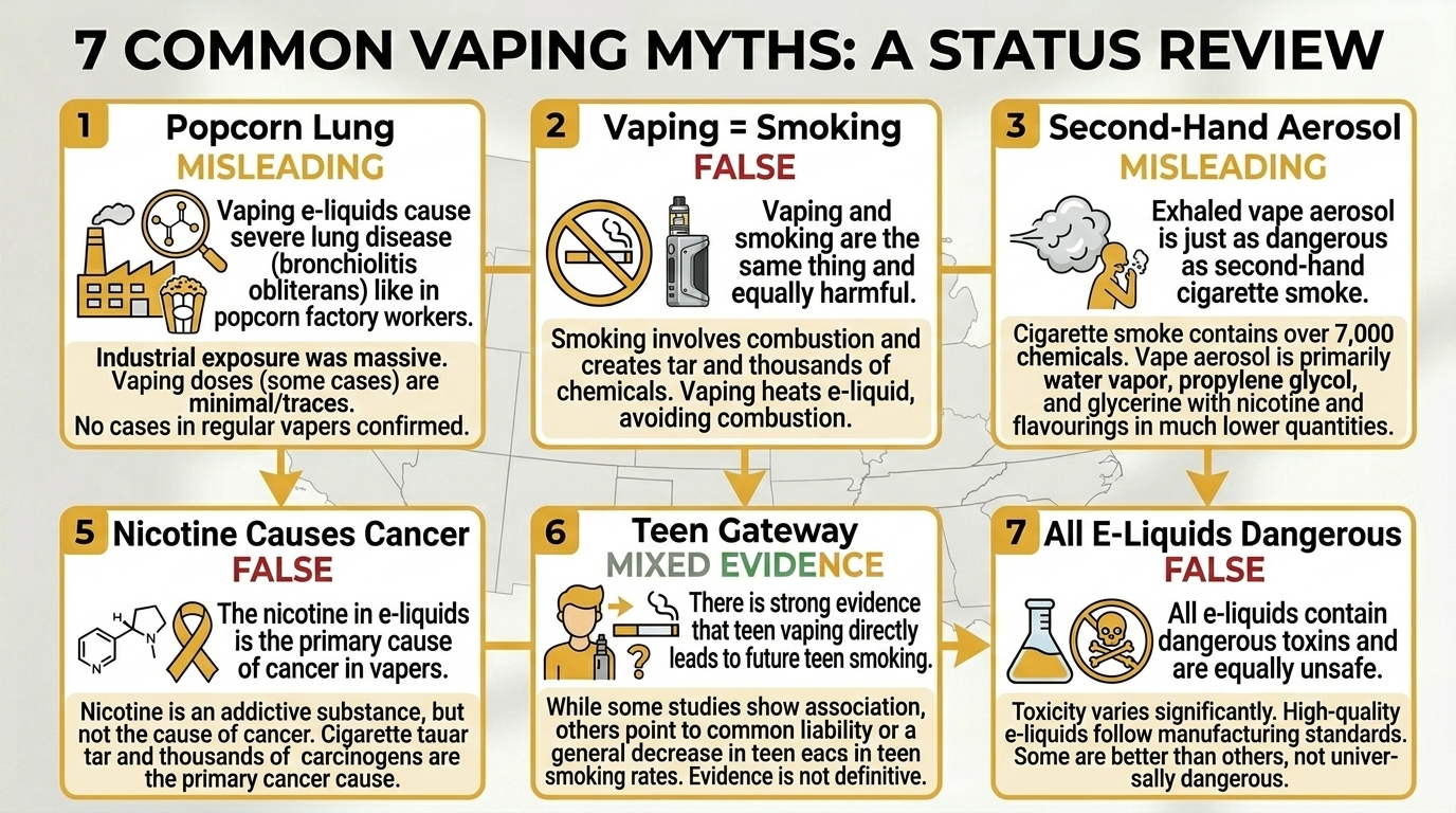 Summary grid of 7 common vaping myths debunked with status labels showing which are false, misleading, or oversimplified