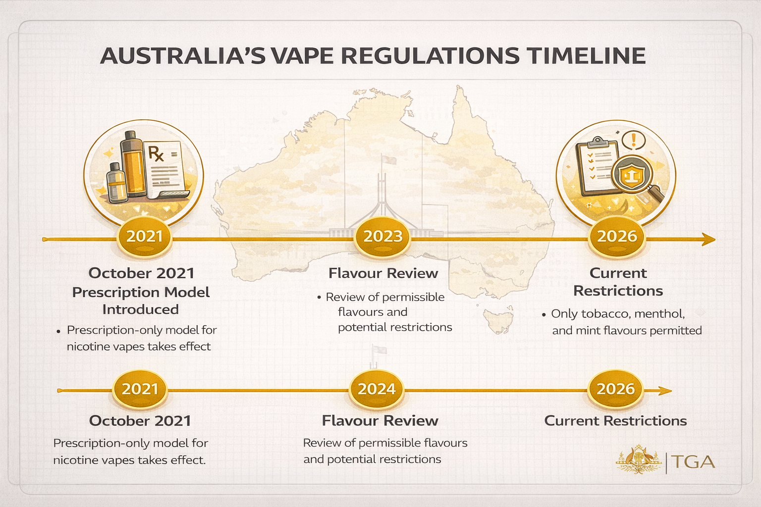 TGA vaping regulations timeline showing key dates from 2021 prescription model to 2026 Australia vape flavour restrictions with tobacco and menthol icons