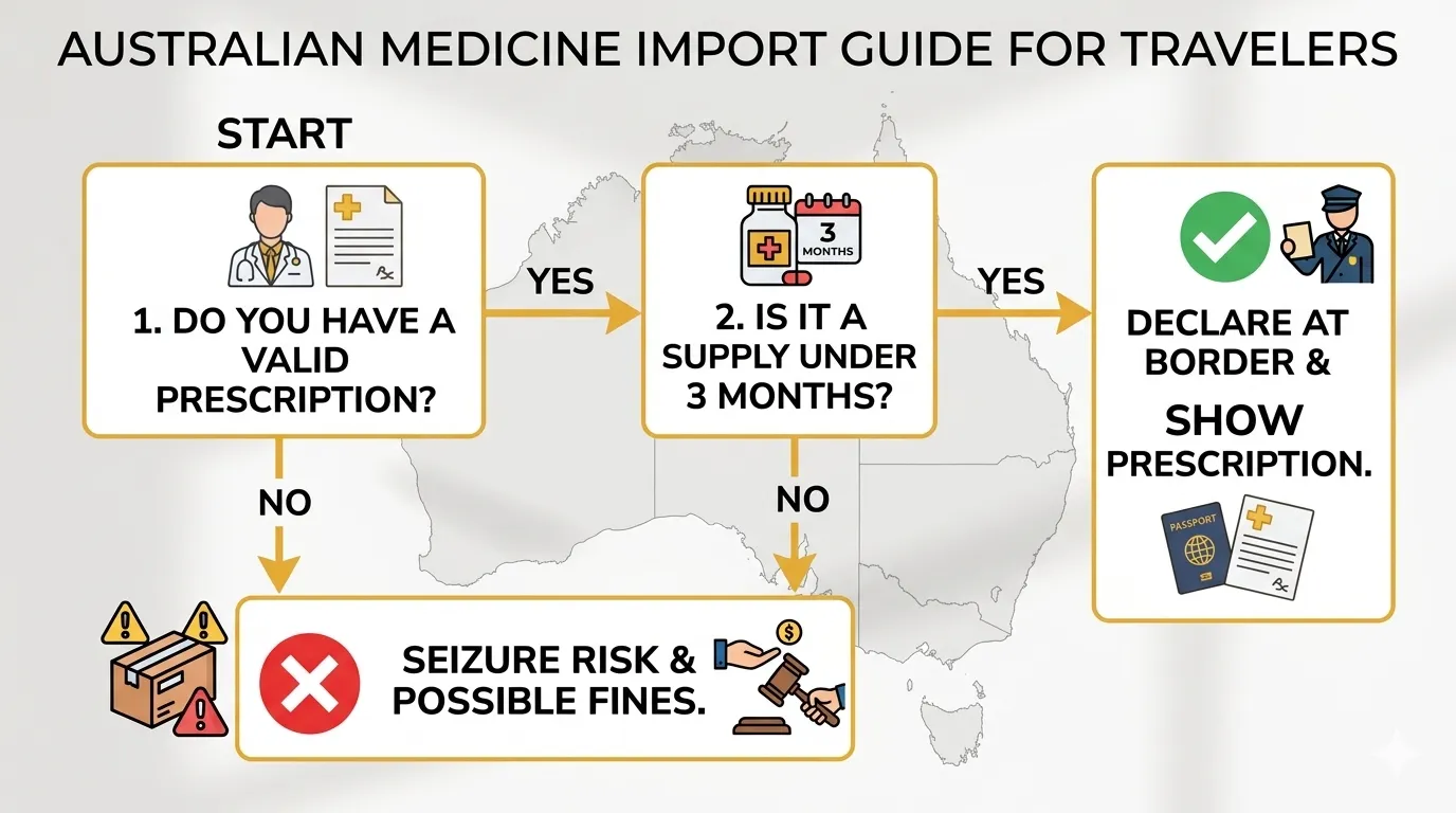 Tourist vape import Australia flowchart showing decision steps: do you have prescription? 3-month supply? declare at border? with outcomes