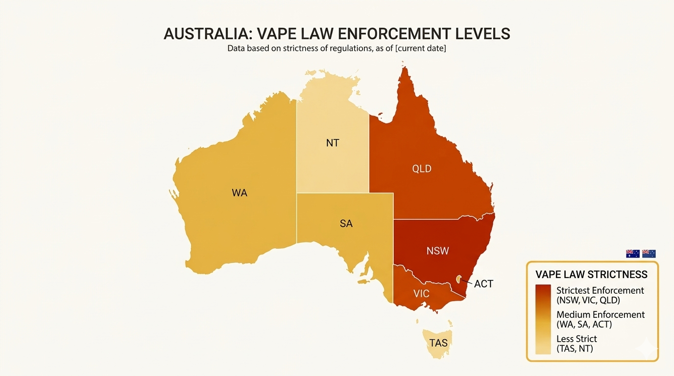 Australia vape laws by state map 2026 with color-coded states showing enforcement levels: strict red for NSW VIC QLD, moderate orange for WA SA ACT, lighter yellow for TAS NT