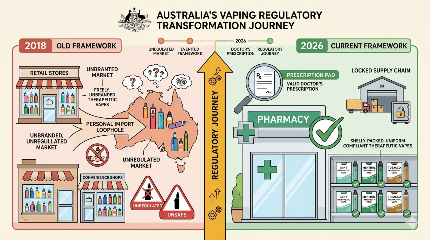 Split comparison showing Australia vape law history from 2018 retail chaos to 2026 pharmacy-only system illustrating Australia vape laws evolution transformation