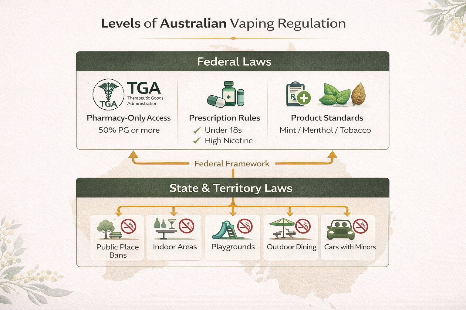 Diagram showing federal vs state Australia vaping regulations: federal controls pharmacy access and product standards, states enforce public usage bans