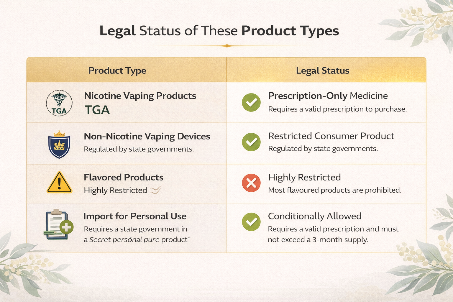 Comparison table showing legal status of nicotine products, non-nicotine devices, flavored products, and personal imports under Australia's vape laws 2026