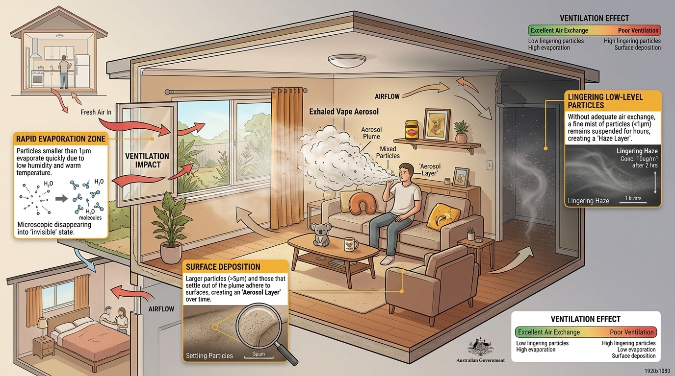 Educational diagram showing indoor vape aerosol behavior with evaporation, surface deposition, and lingering particles explained for indoor vape risks understanding