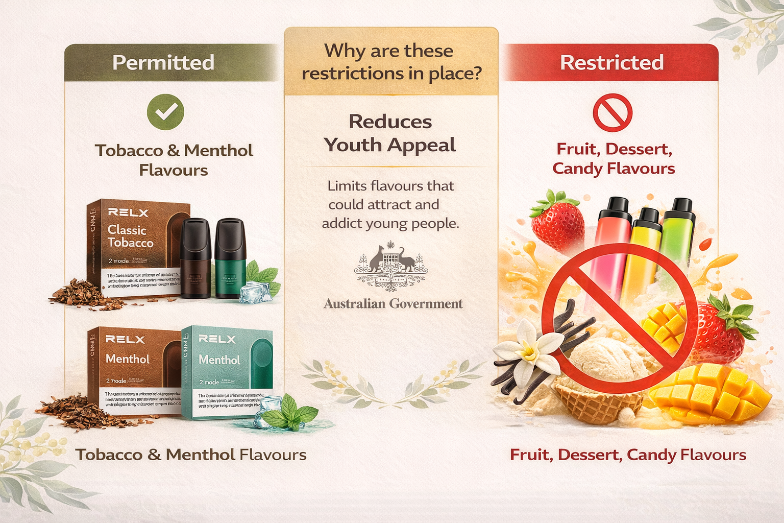 Legal vape flavours Australia 2026 chart showing permitted tobacco and menthol categories versus restricted fruit flavours with reduces youth appeal rationale