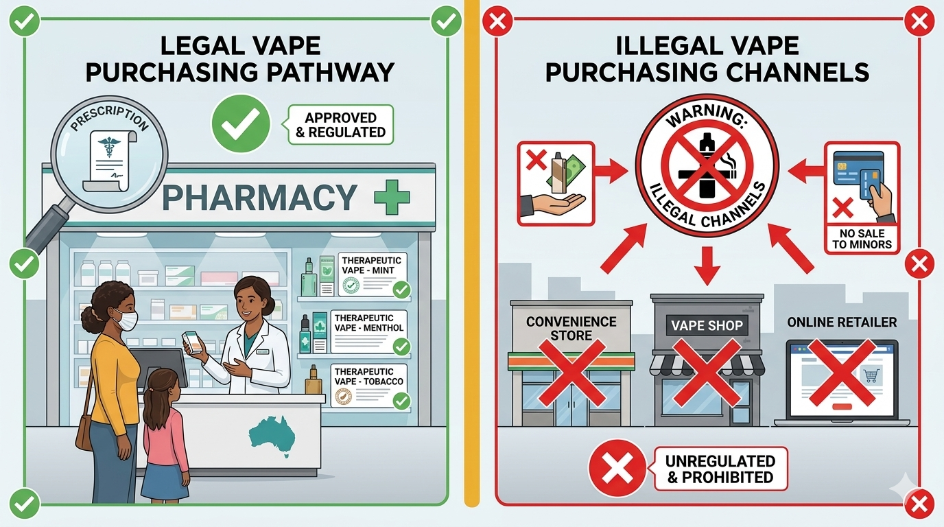 Split comparison showing legal pharmacy pathway vs illegal retail channels for buying vapes in Australia under 2026 pharmacy guide