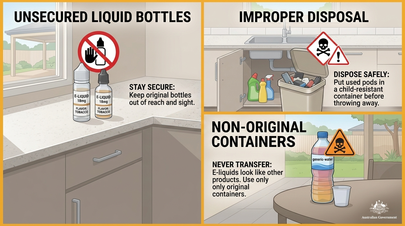 Three risk factors for kids and vapes safety: unsecured bottles on counter, improper disposal in bin, and non-original containers with warning symbols in empty rooms